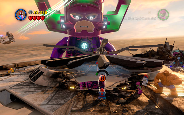 Choose Spider-Man and use his spider sense to see an attachable point located on the engine fan - Galactus | Boss fights - Boss fights - LEGO Marvel Super Heroes Game Guide & Walkthrough