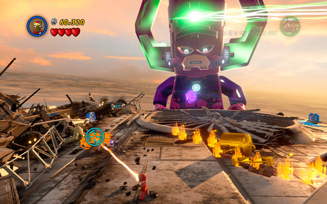 At the second wing of Helicarrier use Iron Mans fire beam to melt the golden brick lying on the left side - Galactus | Boss fights - Boss fights - LEGO Marvel Super Heroes Game Guide & Walkthrough