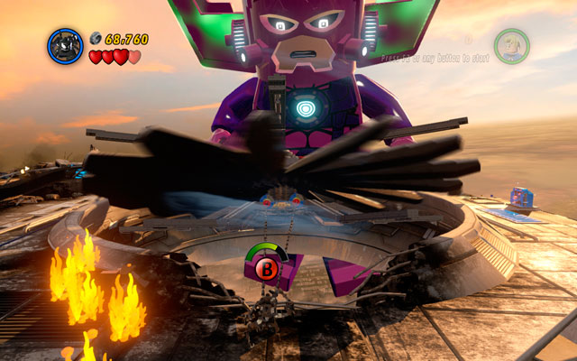 Turn right and melt golden boiler, then switch into Venom and jump over the flames, so you can use a spider sense near to the rotors - Galactus | Boss fights - Boss fights - LEGO Marvel Super Heroes Game Guide & Walkthrough