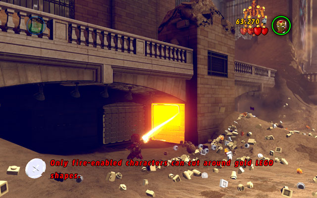 During the fight with two sand cannons turn left and approach to the golden wall - Sand Central Station | Minikit Sets - Minikit Sets - LEGO Marvel Super Heroes Game Guide & Walkthrough