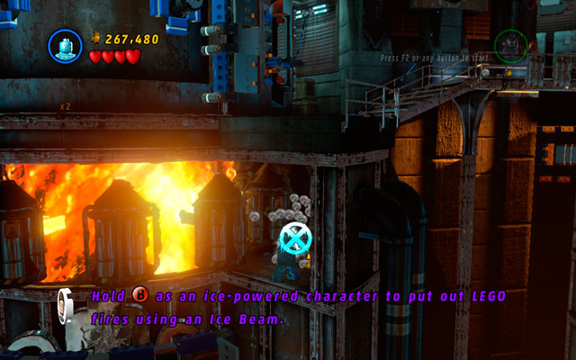 Go to the one of the infernal machines (choose this one, which require Hawkeye attention) and fly down to the lower floor - Red Head Detention | Minikit Sets - Minikit Sets - LEGO Marvel Super Heroes Game Guide & Walkthrough