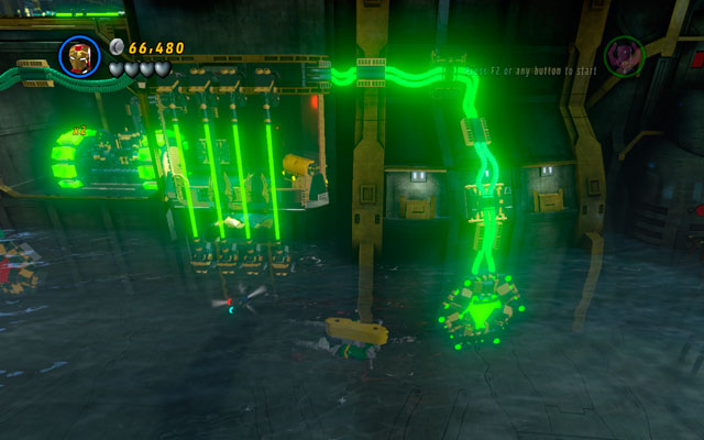 Steer small submarine to switch on two buttons under the water - a minikit is hidden between two columns under the laser rays - That Sinking Feeling | Minikit Sets - Minikit Sets - LEGO Marvel Super Heroes Game Guide & Walkthrough