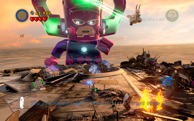 First minikit can be obtained at the beginning of the fight with Galactus - The Good, the Bad and the Hungry | Minikit Sets - Minikit Sets - LEGO Marvel Super Heroes Game Guide & Walkthrough