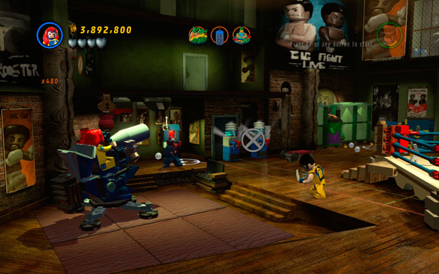 Build a water gun from the debris, then jump on it and destroy two water machines placed on the left side - Put Up Your Dukes | Maps - Maps - LEGO Marvel Super Heroes Game Guide & Walkthrough