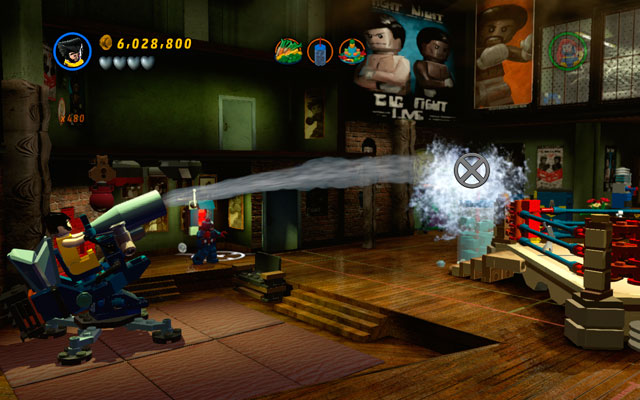 Jump on the water gun and aim your stream at the cup - Put Up Your Dukes | Maps - Maps - LEGO Marvel Super Heroes Game Guide & Walkthrough