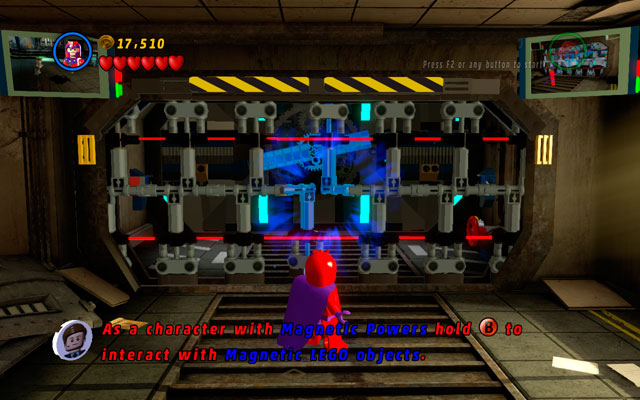 Turn right and interact with metal elements blocking your way as a character with magnetic powers - The Thrill of the Chess | Maps - Maps - LEGO Marvel Super Heroes Game Guide & Walkthrough