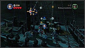 Get on the deck on the left and use the switch activated by the sword - Norrington's Choice - walkthrough - At World's End - LEGO Pirates of the Caribbean: The Video Game - Game Guide and Walkthrough