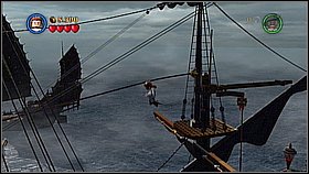 Climb on the mast on the right[1] and use the rope to get down - Maelstrom - walkthrough - At World's End - LEGO Pirates of the Caribbean: The Video Game - Game Guide and Walkthrough