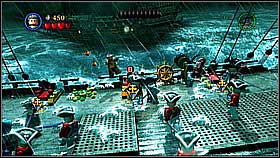 Repair the bricks between the two cannons[1] turn the helm which they will create - Maelstrom - walkthrough - At World's End - LEGO Pirates of the Caribbean: The Video Game - Game Guide and Walkthrough