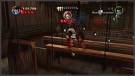 Go up using the elevator [1] and again fight the impostor - London Town - walkthrough - On Stranger Tides - LEGO Pirates of the Caribbean: The Video Game - Game Guide and Walkthrough