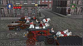Bottle 7 - On the another cart (the one with the coffins) shoot at the silver chest on the nearby cart (Marty) - London Town - bottles - On Stranger Tides - LEGO Pirates of the Caribbean: The Video Game - Game Guide and Walkthrough