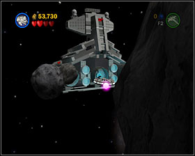 In the last section you'll see a large asteroid with violet targets all over it - Falcon Flight - Story Mode - Episode V - LEGO Star Wars II: The Original Trilogy - Game Guide and Walkthrough