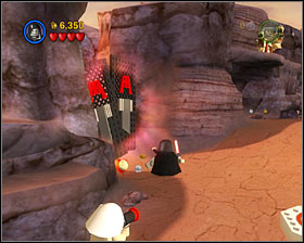 Use the Dark Side on the door at the beginning of the level, just after crossing the first abyss - Through the Jundland Wastes - Freeplay Mode - Episode IV - LEGO Star Wars II: The Original Trilogy - Game Guide and Walkthrough