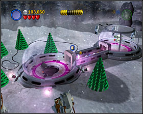 Use the Dark Side on the windows shown on the screenshot, then jump up the platforms (takes a few tries) - Escape from Echo Base - Freeplay Mode - Episode V - LEGO Star Wars II: The Original Trilogy - Game Guide and Walkthrough