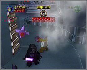 Near the elevators by the center of the level use the detonator to blow up a metal fragment of the wall - Jedi Destiny - Freeplay Mode - Episode VI - LEGO Star Wars II: The Original Trilogy - Game Guide and Walkthrough