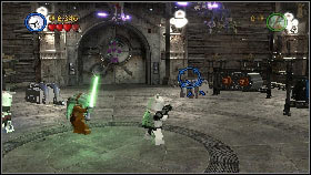 Defeat a few enemies in the next room and then use the grappling hook on four orange bolts [1] on both sides of the door - General Grievous - p. 5 - Story mode - LEGO Star Wars III: The Clone Wars - Game Guide and Walkthrough