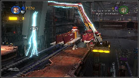 Enter it, aim the arm at the train on the rails on the left [1] and move its part onto the rails closer to you [2] - General Grievous - p. 3 - Story mode - LEGO Star Wars III: The Clone Wars - Game Guide and Walkthrough