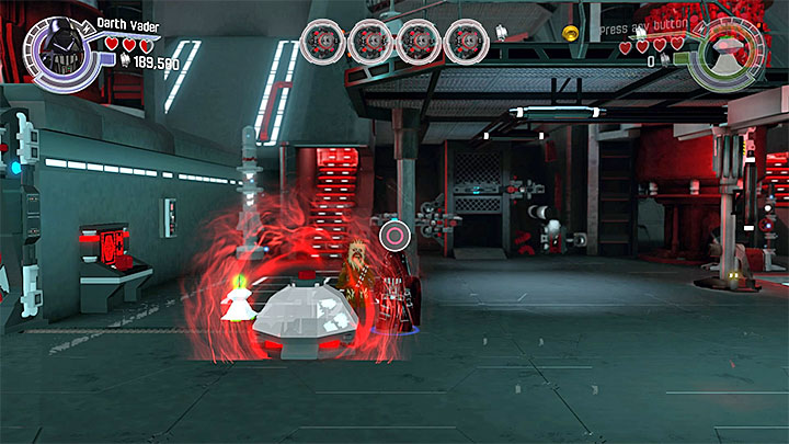 To reach the last lamp, you first have to gain access to the area behind the force field in the lower-left part of the oscillator hall - Chapter 9 - Destroy Starkiller Base | Minikits and red bricks - Minikits and red LEGO bricks - LEGO Star Wars: The Force Awakens Game Guide