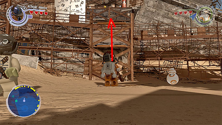 To reach this one, and two other in this area (Carbonite brick 7, additional mission 14), you will have to reach the balconies above - Jakku collectibles & minor missions map - Maps - LEGO Star Wars: The Force Awakens Game Guide