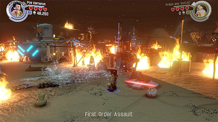 Poe and BB-8 must knock over the water tower. - Chapter 1 - Assault on Jakku | Walkthrough - Story Mode - LEGO Star Wars: The Force Awakens Game Guide