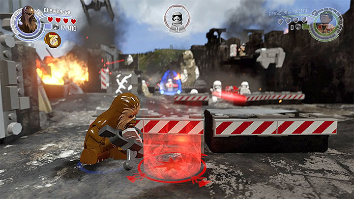 Once you eliminate the enemy equipped with flamethrower, the first of a few blaster battles will automatically start - Chapter 6 - Battle of Takodana | Walkthrough - Story Mode - LEGO Star Wars: The Force Awakens Game Guide
