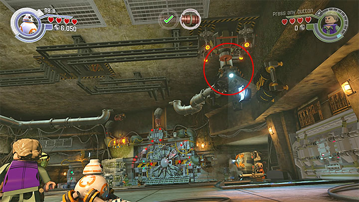 Once the handle is on the right side, select any other character and use a blaster or any other ranged weapon to destroy the part of the ceiling you constructed - Chapter 7 - The Resistance | Walkthrough - Story Mode - LEGO Star Wars: The Force Awakens Game Guide