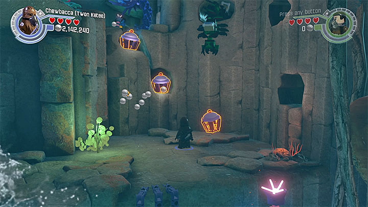 Move on, walk under the waterfall and reach the Multi build bricks on the right - Rathtar Hunting | Walkthrough - Side missions - LEGO Star Wars: The Force Awakens Game Guide