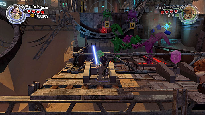 Hit one of the buttons to help a robot win - Lor San Tekkas Return | Minikits and red bricks - Minikits and red LEGO bricks - LEGO Star Wars: The Force Awakens Game Guide
