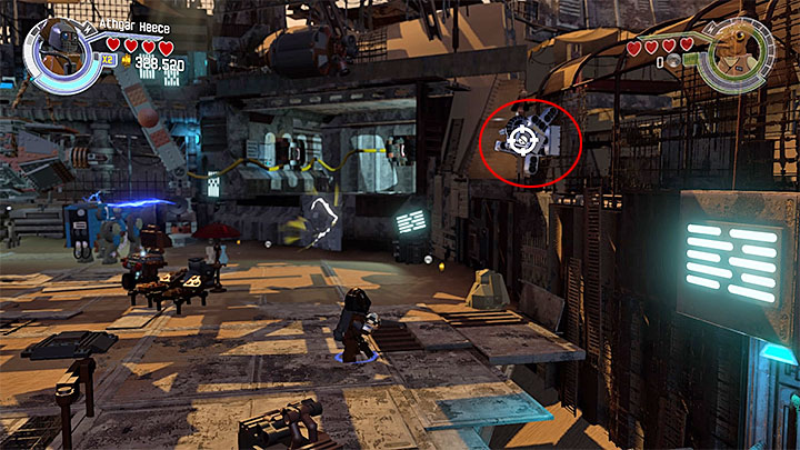 You find the third silver object after you reach the area with the bandit leader in it - Lor San Tekkas Return | Minikits and red bricks - Minikits and red LEGO bricks - LEGO Star Wars: The Force Awakens Game Guide