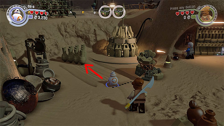 Examine the upper part of the village and focus on the bowls shown on the above screenshot - Chapter 1 - Assault on Jakku | Minikits and red bricks - Minikits and red LEGO bricks - LEGO Star Wars: The Force Awakens Game Guide