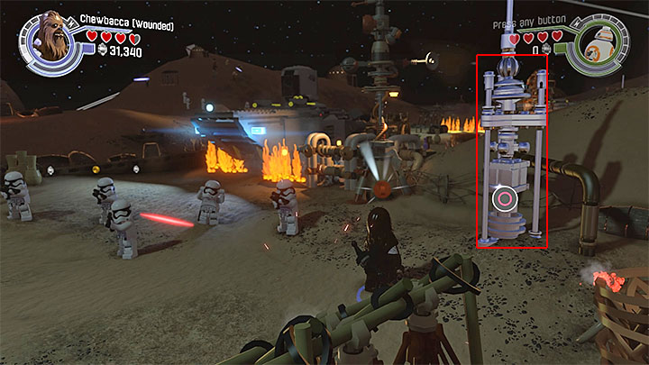 Special requirements: a character capable of destroying silver objects (like Chewbacca) - Chapter 1 - Assault on Jakku | Minikits and red bricks - Minikits and red LEGO bricks - LEGO Star Wars: The Force Awakens Game Guide