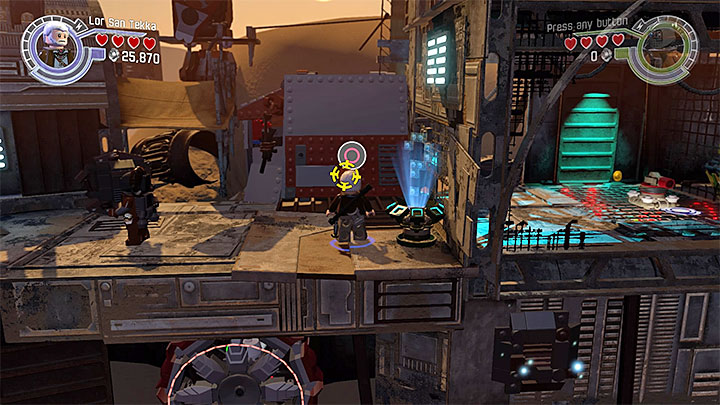 Use the grappling hook and throw the bomb there afterwards. - Lor San Tekkas Return | Walkthrough - Side missions - LEGO Star Wars: The Force Awakens Game Guide