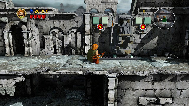 Go up the stairs and shoot the two targets - Osgiliath - Walkthrough - Act II - LEGO The Lord of the Rings - Game Guide and Walkthrough