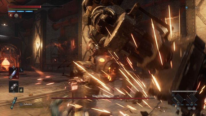 Watch out for the spin attack - you can recognize it when the boss starts dragging his hammer on the ground, creating sparks - Lies of P: How to defeat the boss Kings Flame, Fuoco? - Main - Lies of P Guide