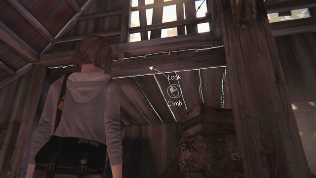 After an unsuccessful attempt at opening the padlock, walk towards the higher ledge shown on the picture and climb on it - Life is Strange: Dark Room, Chapter 4 - Walkthrough - Life is Strange Game Guide & Walkthrough