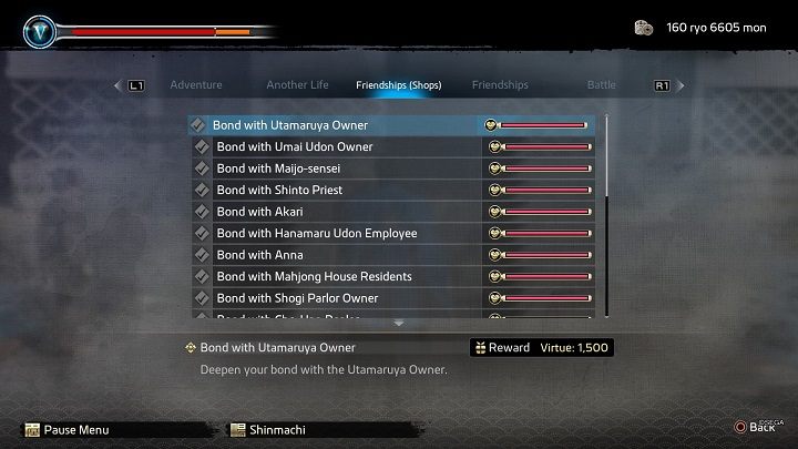 You'll find information about available Friendships in the Diligence Records menu, more specifically in the Friendships (Shops) tab - Like a Dragon Ishin: Friendships - Shops - Secrets and activities - Like a Dragon Ishin Guide