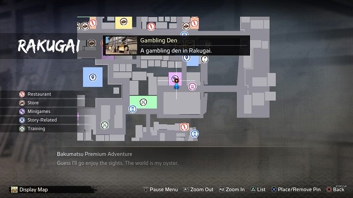 The Cho-Han Dealer is located at the Gambling Den in Rakugai, on Sannocho Street, right next to the palanquin - Like a Dragon Ishin: Friendships - Shops - Secrets and activities - Like a Dragon Ishin Guide