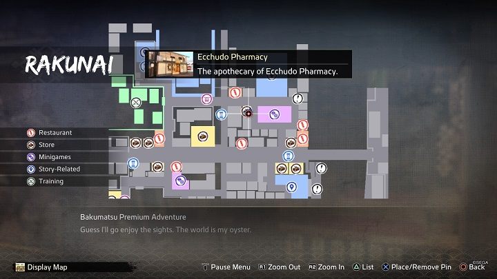 The Ecchudo Apothecary is located in the northern part of the Rakunai district, in Ecchudo Pharmacy on Kawamarachi Street - Like a Dragon Ishin: Friendships - Shops - Secrets and activities - Like a Dragon Ishin Guide