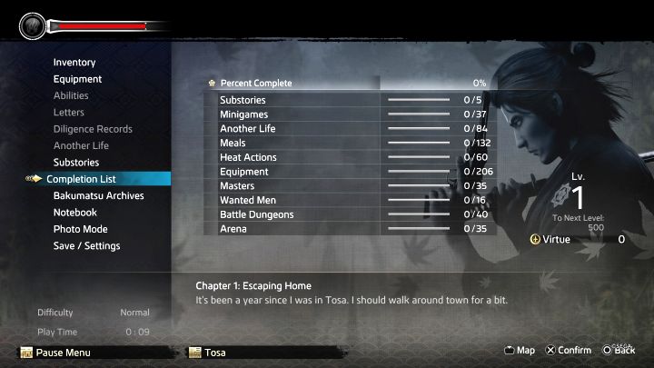 In the pause menu in Like a Dragon: Ishin, you can find the Completion List tab containing various categories of activities related to 100% completing the game - Like a Dragon Ishin: Completion List - Basics - Like a Dragon Ishin Guide