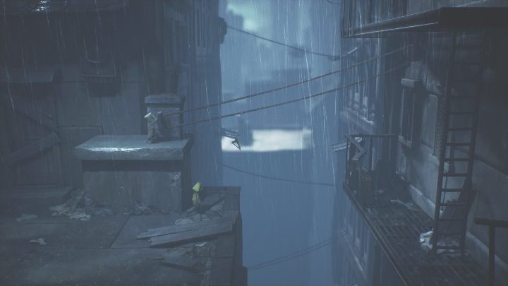 Then you must grab the lever and move the hanger closer to Six, so she can grab onto it - Little Nightmares 2: Crossing the city - Chapter 4 walkthrough - Chapter 4 - Getting to the Tower - Little Nightmares 2 Guide