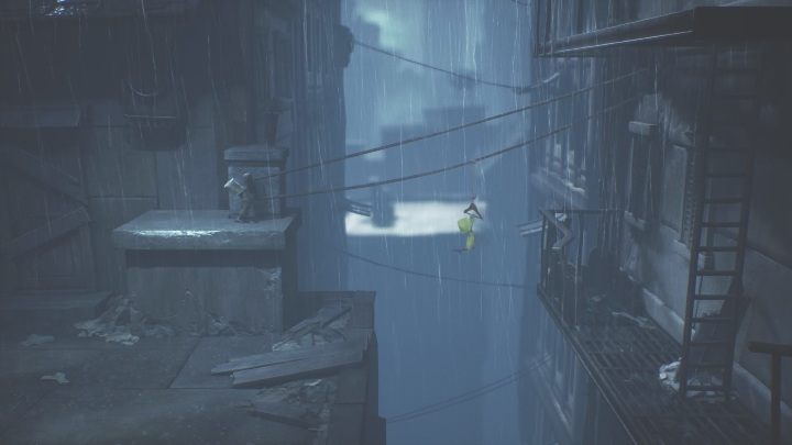 When Six gets hold of the hanger, you'll need to turn the lever the other way to transport her to the balcony - Little Nightmares 2: Crossing the city - Chapter 4 walkthrough - Chapter 4 - Getting to the Tower - Little Nightmares 2 Guide