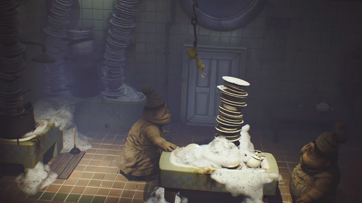 Climb the dishes and grab a hook. - Little Nightmares: Room with the dirty dishes - walkthrough - The Kitchen - Little Nightmares Game Guide