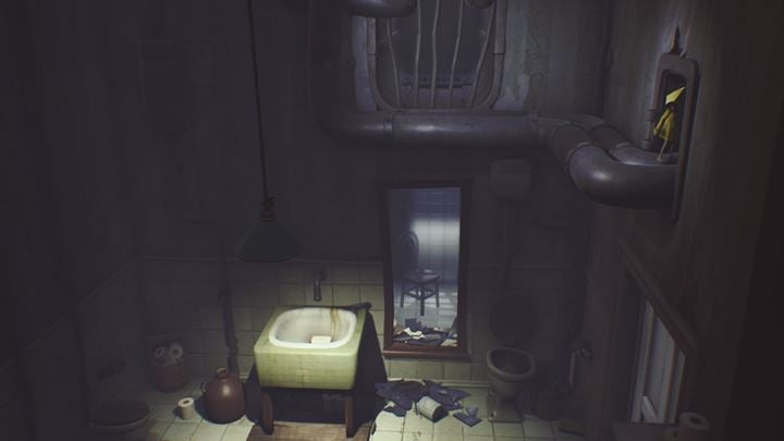 Hide from the cook, smash the mirror and use the ladder to go up. - Little Nightmares: Meet with the cook, final escape from beasts - walkthrough - The Guest Area - Little Nightmares Game Guide