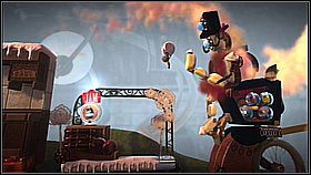 Once you make it through the enemies, you will get to a cart with three launch pads and a button at the upper level - Runaway Train - Victoria's Laboratory - LittleBigPlanet 2 - Game Guide and Walkthrough