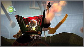 After defeating the enemy, launch yourself to the basket with z bubbles [1] and pull the brake - Runaway Train - Victoria's Laboratory - LittleBigPlanet 2 - Game Guide and Walkthrough