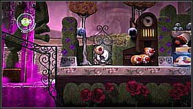 Collect the prize bubbles behind the first rail by throwing cakes at them - Brainy Cakes - Victoria's Laboratory - LittleBigPlanet 2 - Game Guide and Walkthrough