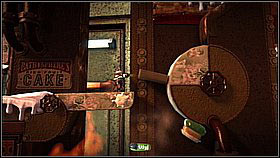 Don't move on yet, as there's still one secret left here - stand on the edge of the highest level (with the lollipops mentioned before in the background) and from here, shoot diagonally, to the upper right - The Cakeinator - Victoria's Laboratory - LittleBigPlanet 2 - Game Guide and Walkthrough
