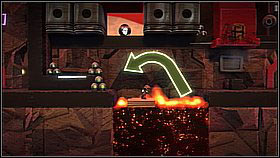 In order to reach the pipe below the trash compactor, you have to hide in the niche on the left and wait for the platform to go up - Waste Disposal - The Factory of a Better Tomorrow - LittleBigPlanet 2 - Game Guide and Walkthrough