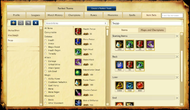 The last tab contains item sets, adjusted to particular champions - Item sets | Player profile - Player profile - League of Legends Game Guide