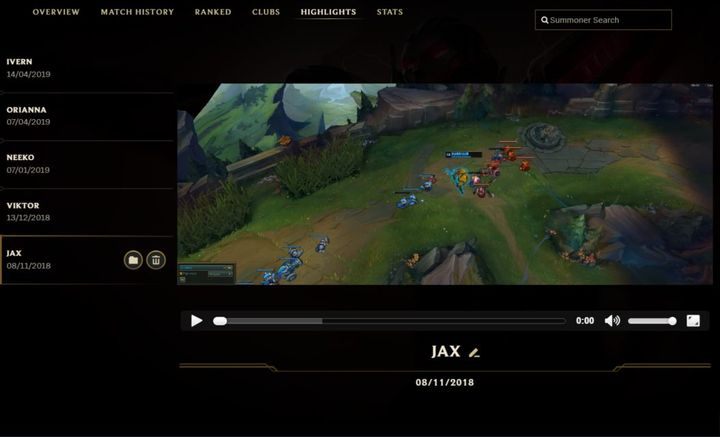 Here, you can check your saved highlights - Highlights | Player profile - Player profile - League of Legends Game Guide